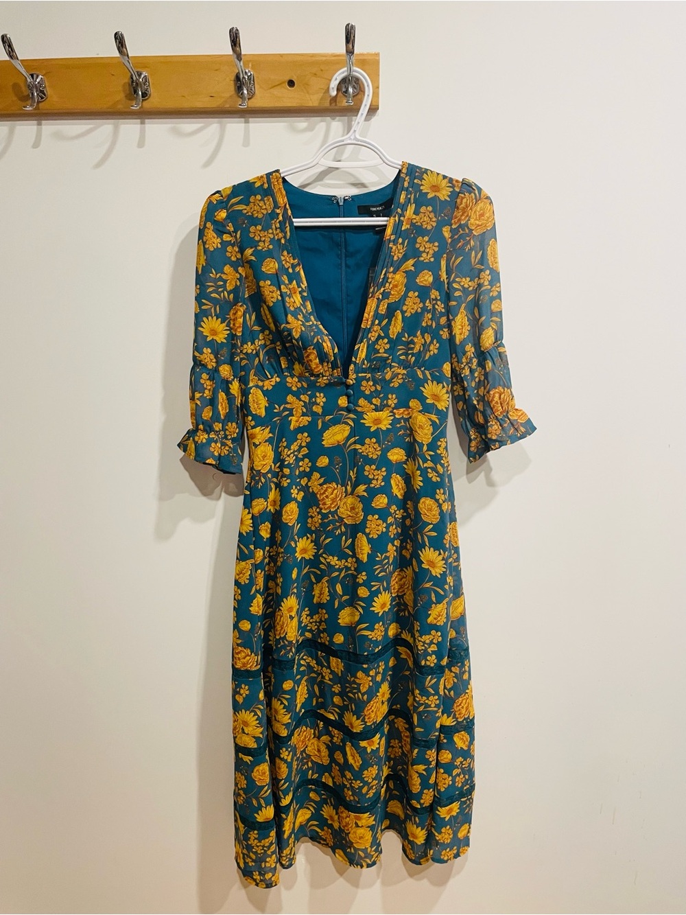 Forever 21 Teal Midi Dress with Yellow Floral Print